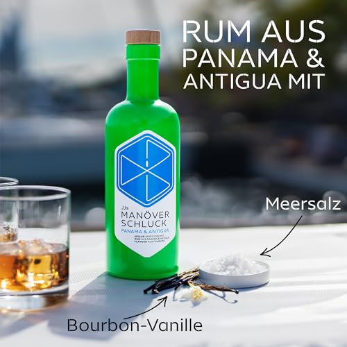 JJs Manöverschluck Panama & Antigua – Premium-Rumspirituose mit Vanille, Haselnuss & Meersalz, 500 ml Flasche im Seefahrer-Design bei Dreizack Wien