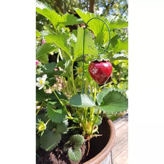 Keramik Erdbeere Pflanzenstab – handgemachte Erdbeer-Deko für Garten & Balkon, 43 cm