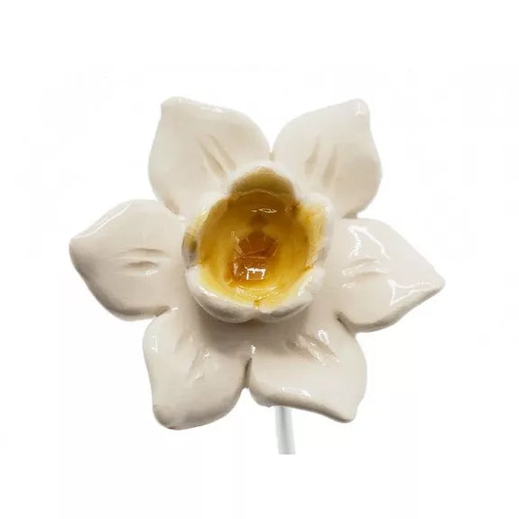 Keramik Narzissenblüte weiß gelb auf Metallstiel – handgemachte Frühlingsdeko 4,5 cm