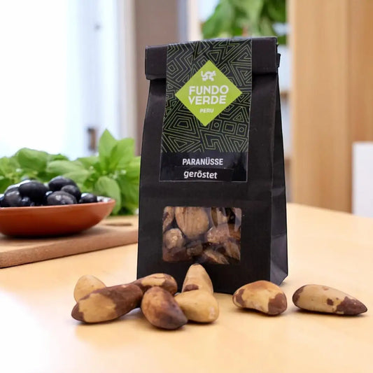 Geröstete Paranüsse von Fundo Verde – naturbelassen aus dem Amazonas-Regenwald, 200 g Packung, nachhaltige Wildsammlung aus Peru.