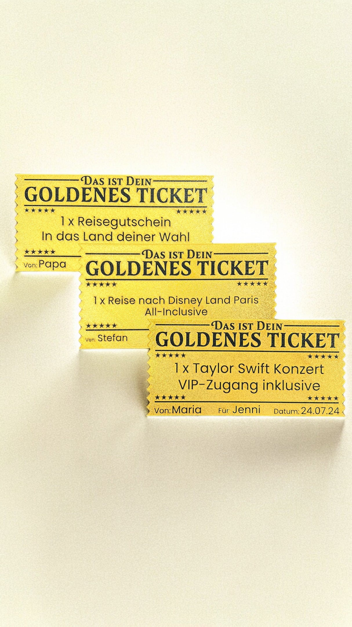 Dreizack Goldenes Ticket – Individuell personalisierbares Ticket aus 3D-Druck, 24 x 12 cm, aus kompostierbarem PLA in Gold. Robust und flexibel, ideal als besonderes Geschenk für Events.