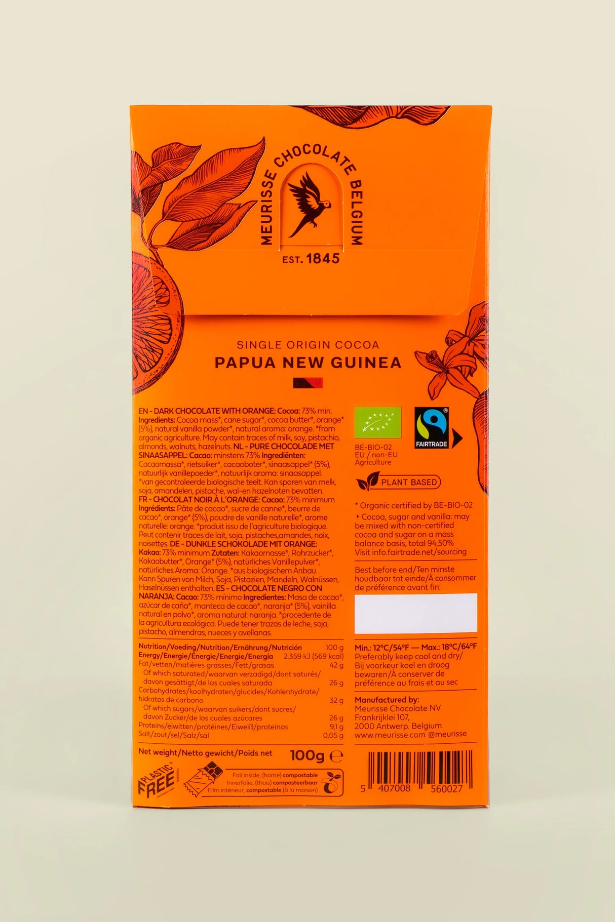 Meurisse Bio-Zartbitterschokolade 73 % mit Orange – belgische Premium-Schokolade, vegan & Fairtrade