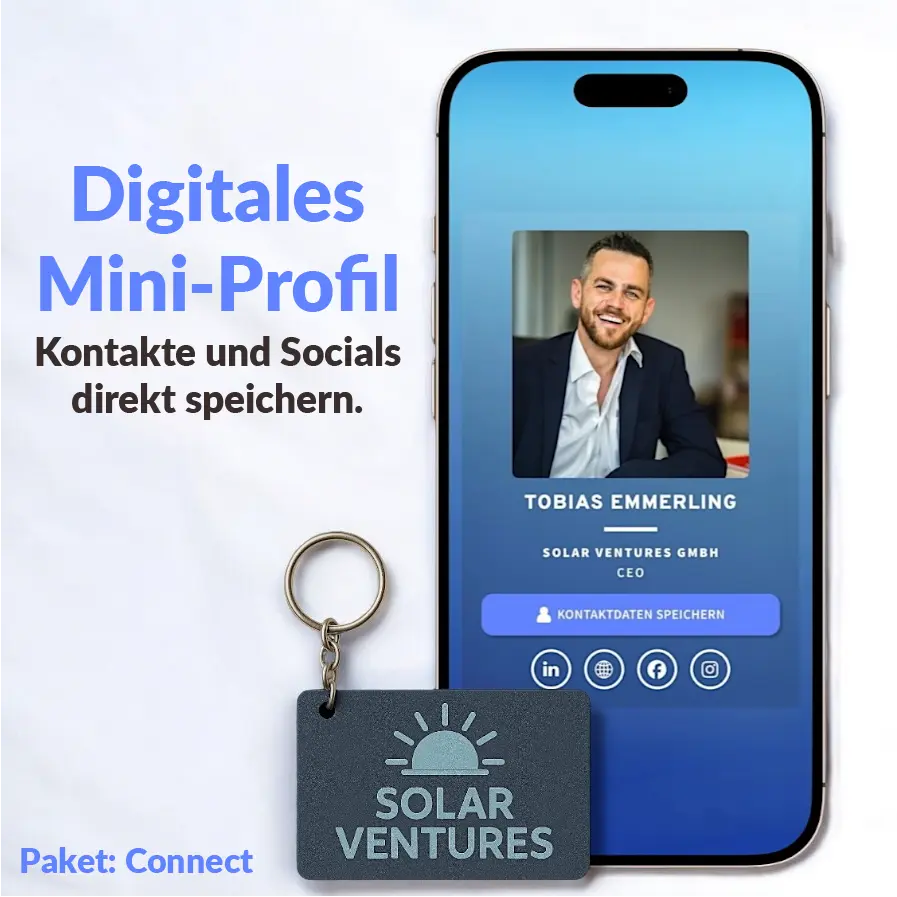Smartphone zeigt ein digitales Mini-Profil mit Name, Position und Social-Media-Links, verbunden mit einem Keynect Schlüsselanhänger.