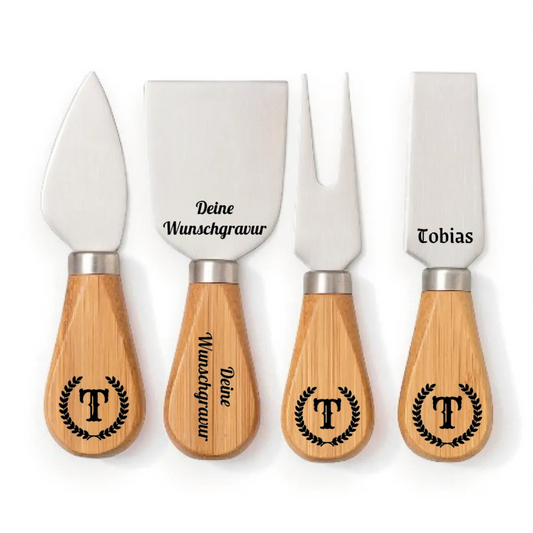 4-teiliges Käsewerkzeug-Set aus Edelstahl & Holzgriffen – personalisierbar mit Gravur, im Geschenkkarton