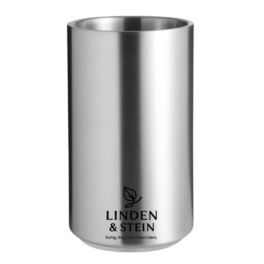 Doppelwandiger Edelstahl-Flaschenkühler mit Gravur – Ø11,5 × 18,5 cm, rostfrei & personalisiert, graviert in Wien bei Dreizack