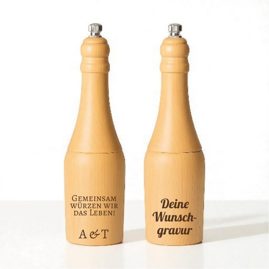Salz- und Pfeffermühlen-Set aus Birkenholz mit Keramikmahlwerk und Wunschgravur, 19 cm hoch