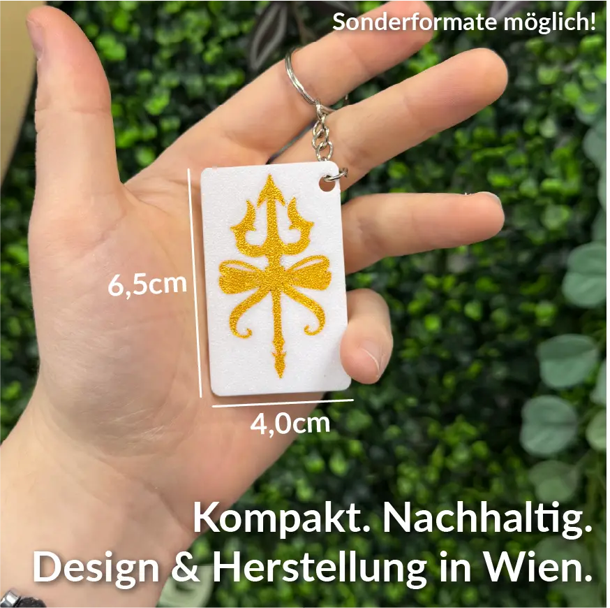 Nahaufnahme des Keynect NFC-Schlüsselanhängers inkl. Größe mit strukturierter Oberfläche, 3D-Druck-Optik und glänzender Öse.