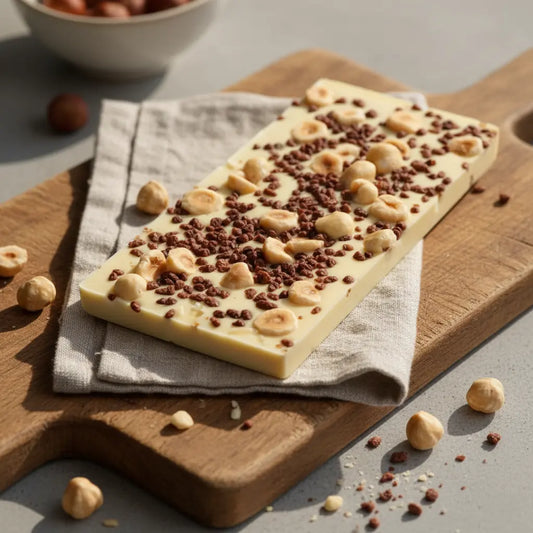 Schokoriegel Haselnuss & Zimt – handgemachte weiße Schokolade mit Haselnüssen & Zimt, 100 g, Love In A Box Chocolatier