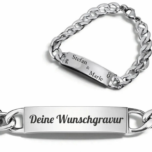 Gliederkette Edelstahl mit Wunschgravur. Armband aus Titanstahl mit verstellbarem Plättchen von Dreizack mit individueller Gravur