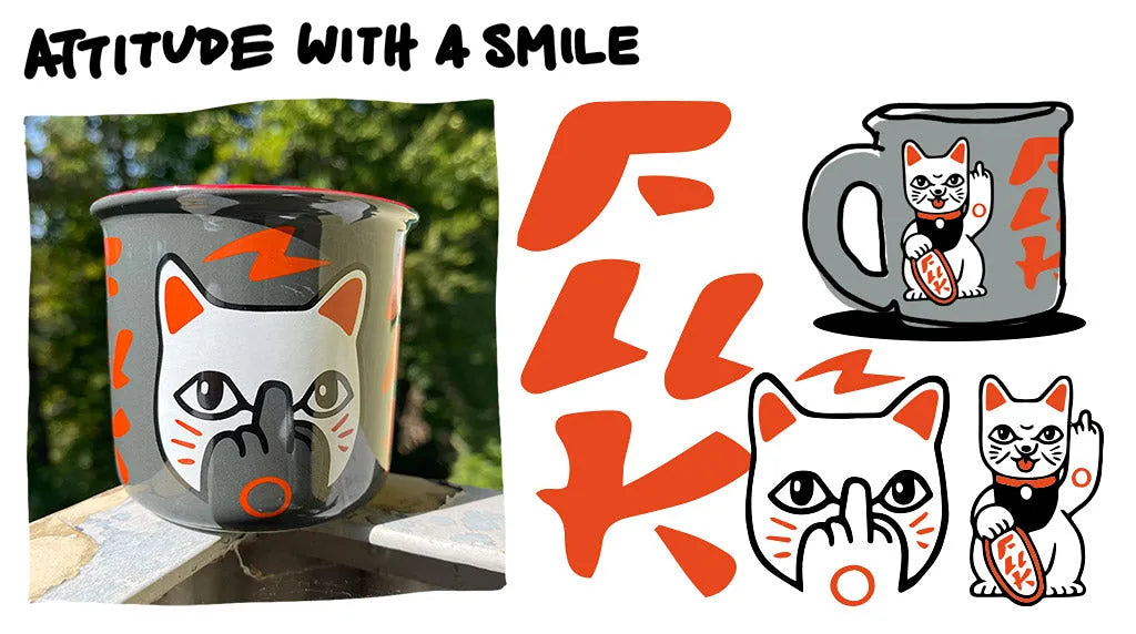 Freche Keramiktasse „F You Neko“ von Heldbergs Games mit Lucky Cat Mittelfinger-Motiv