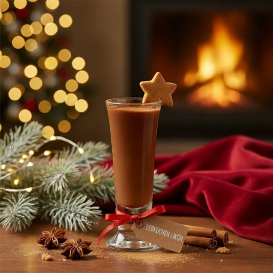 Lebkuchen Likör 0,2 l – cremiger Weihnachtslikör mit Nougat, Sahne & Lebkuchengewürz, handgemacht von Palz Liköre, Geschenk mit Holzdeko, Dreizack Wien