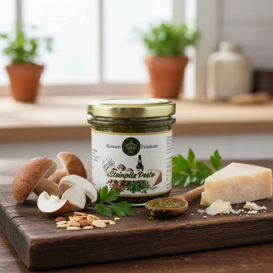 Steinpilz Pesto – handgemachtes Pesto mit 21 % Steinpilzen, Mandeln & Portwein, 130 g Glas, hergestellt im Burgenland von Kronenfeinkost