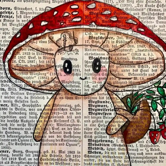 Original-Illustration von Book Fairy Art auf alter Buchseite mit Passepartout und optionalem Nussrahmen – nachhaltige Kunst aus Österreich