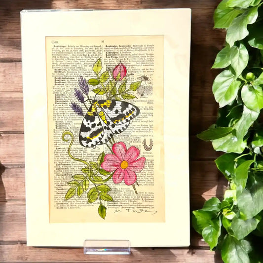 Original-Illustration von Book Fairy Art auf alter Buchseite mit Passepartout und optionalem Nussrahmen – nachhaltige Kunst aus Österreich