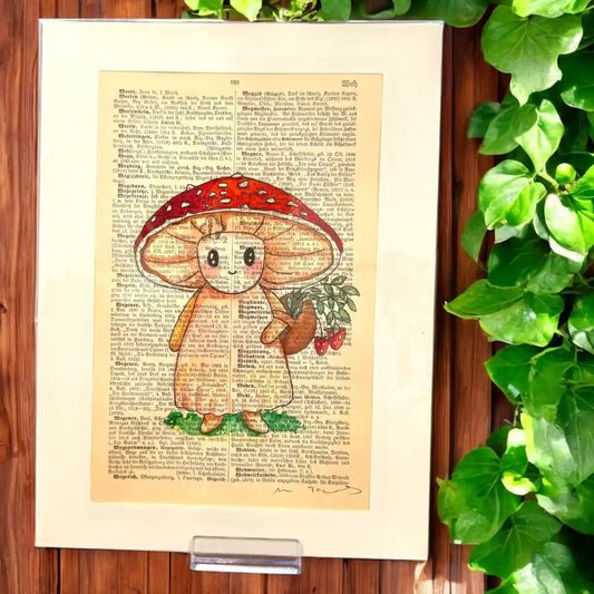 Original-Illustration von Book Fairy Art auf alter Buchseite mit Passepartout und optionalem Nussrahmen – nachhaltige Kunst aus Österreich