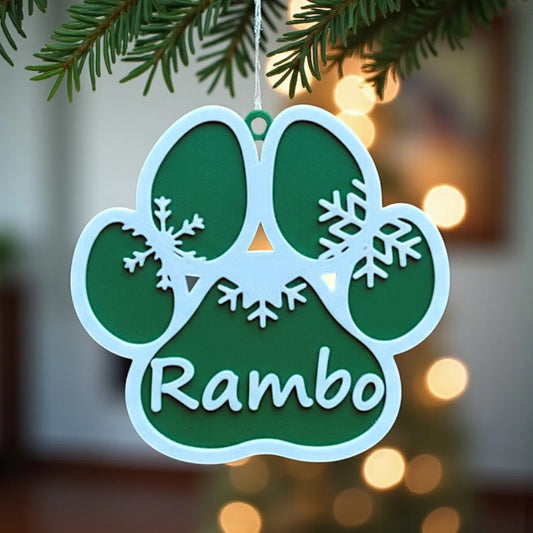 Hunde Weihnachtsornament Pfote – 3D-gedruckter Anhänger mit Wunschnamen, handgemacht aus PLA in Wien, nachhaltige Weihnachtsdeko für Hundeliebhaber