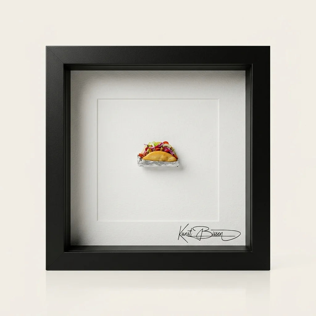 Miniatur-Döner aus Polymer Clay in Alufolie im schwarzen Echtholzrahmen mit Passepartout und Echtglas.