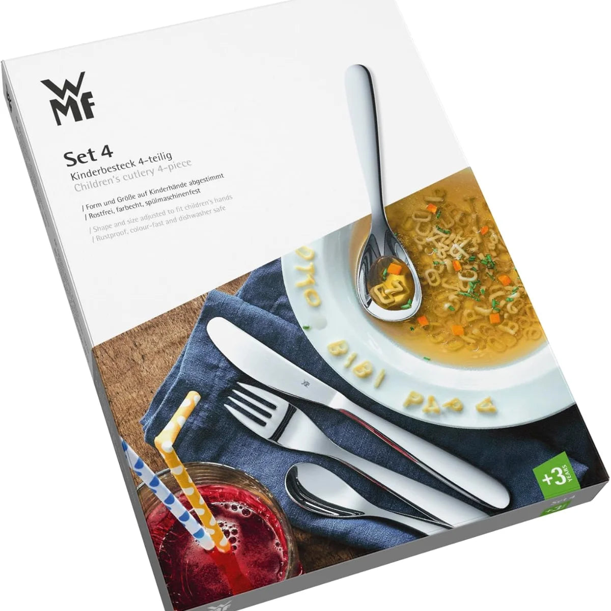 WMF Kinderbesteck Set 4-teilig aus glänzendem Cromargan Edelstahl mit Tiermotiven, personalisiert mit einer Gravur.