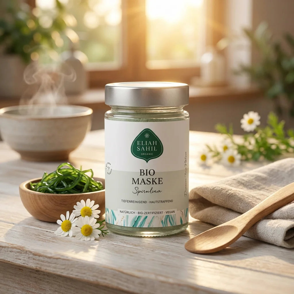 Nahaufnahme einer Bio Gesichtsmaske Spirulina in einer minimalistischen Glasverpackung, daneben eine angerührte grüne Paste.