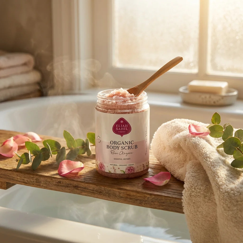 Nahaufnahme von grobkörnigem Bio Körperpeeling Rose Argan in einem offenen Glastiegel mit Rosenblütenblättern.