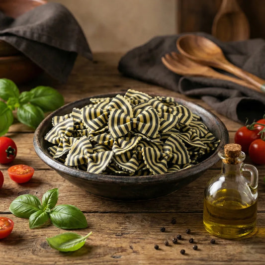 Bild einer Packung handgemachte Farfalle Zebra Pasta mit Schwarz-Weiß-Streifen.