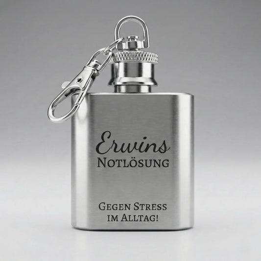 Kompakter Flachmann Schlüsselanhänger aus glänzendem Edelstahl mit Karabinerhaken