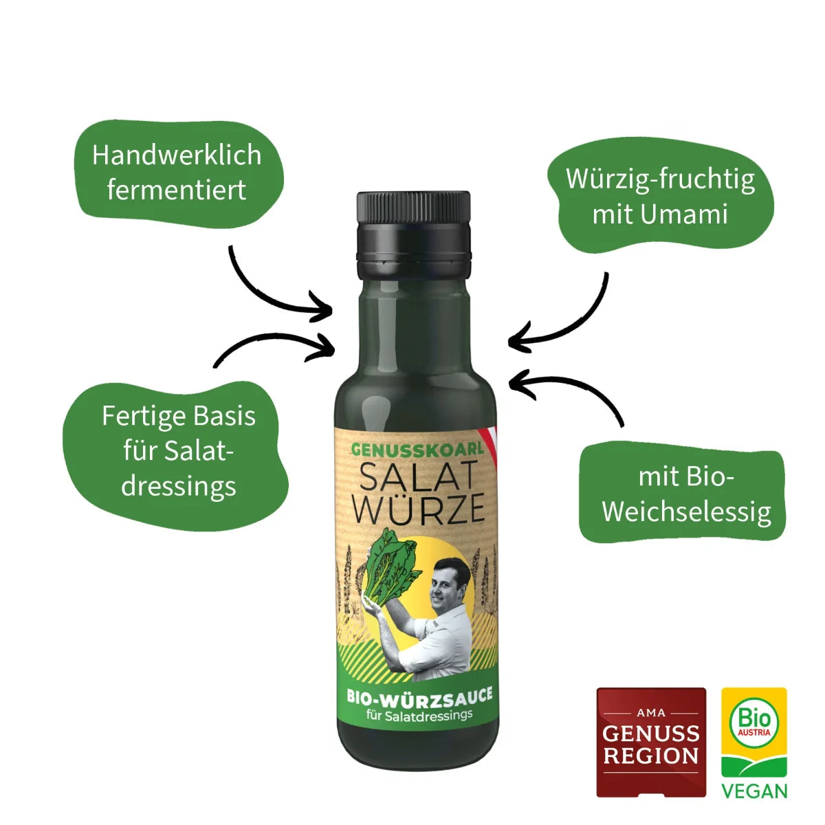 Glasflasche Bio-SalatWürze von Genusskoarl, gefüllt mit rötlicher Flüssigkeit und Etikett.