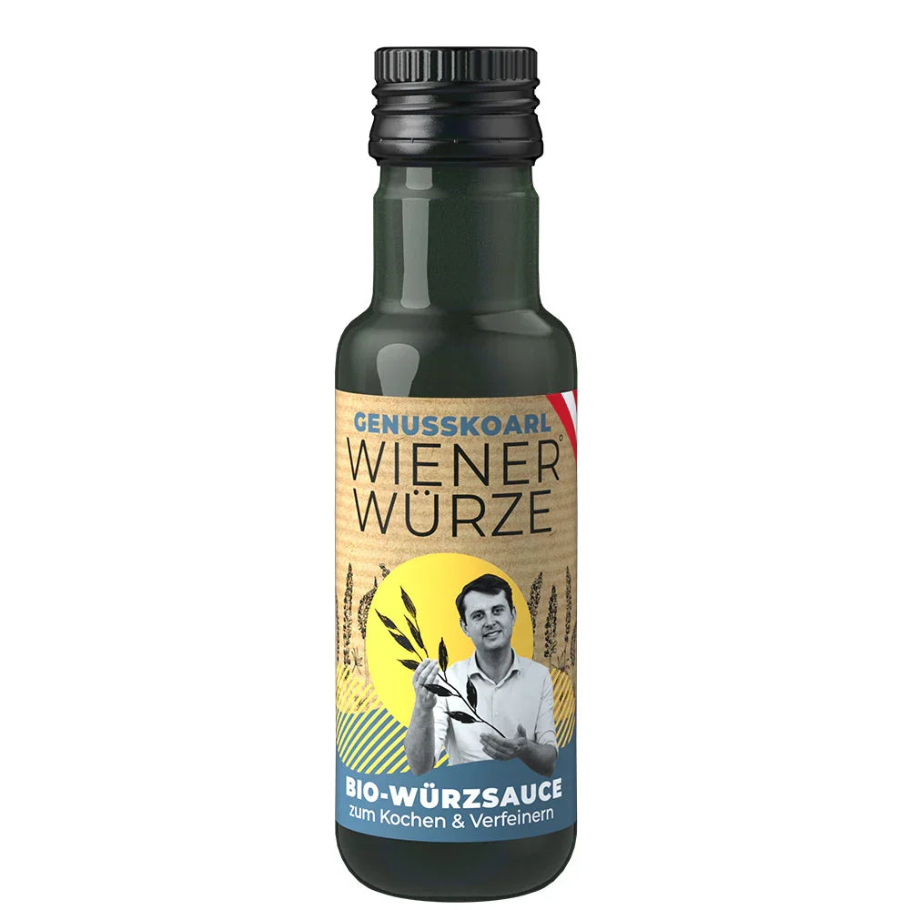 Braune Glasflasche mit Etikett der Bio-WienerWürze, 100ml.