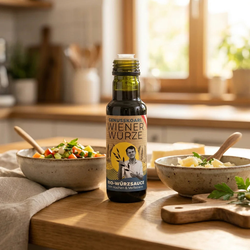 Braune Glasflasche mit Etikett der Bio-WienerWürze, 100ml.