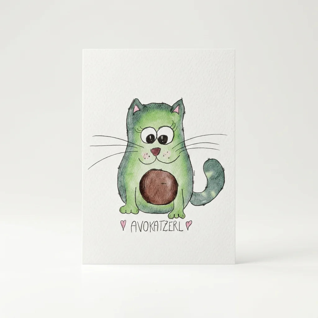 Handgemalte Grußkarte im A6-Format mit Avocado-Katze in Aquarell-Optik auf Premium Felt Karton.