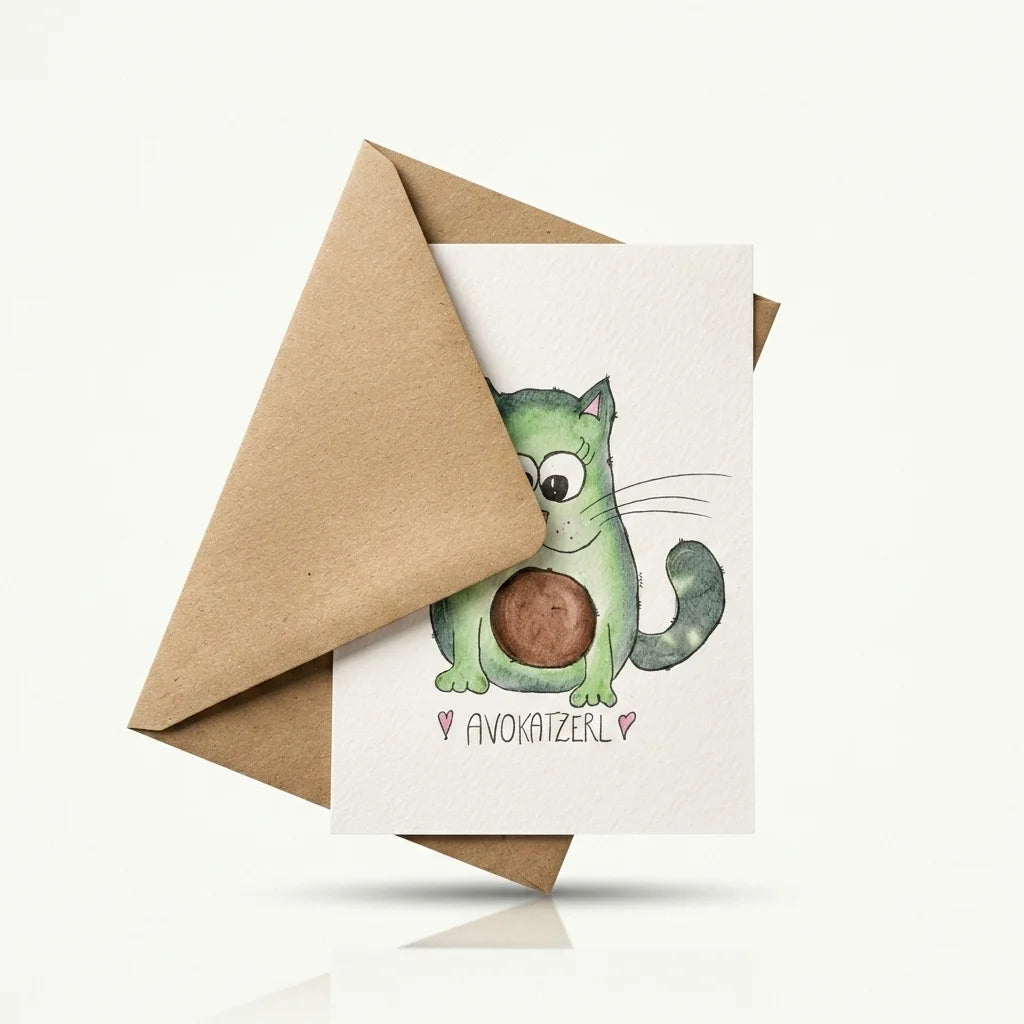 Handgemalte Grußkarte im A6-Format mit Avocado-Katze in Aquarell-Optik auf Premium Felt Karton.