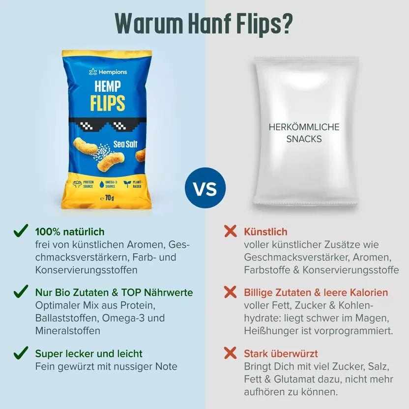 Drei Packungen Hempions Bio Hemp Flips mit Meersalz, vor einem hanfgrünen Hintergrund, verstreute Flips sichtbar.