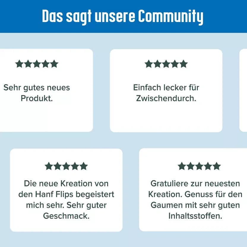 Drei Packungen Hempions Bio Hemp Flips mit Meersalz, vor einem hanfgrünen Hintergrund, verstreute Flips sichtbar.