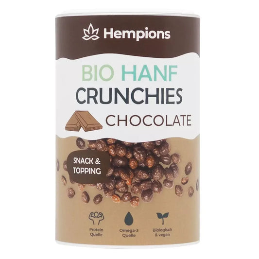 Nahaufnahme knuspriger, schokoladenüberzogener Hanf Crunchies in einer Schale. Mit dunkler Schokolade und heller Hanfsamenstruktur. — 200g