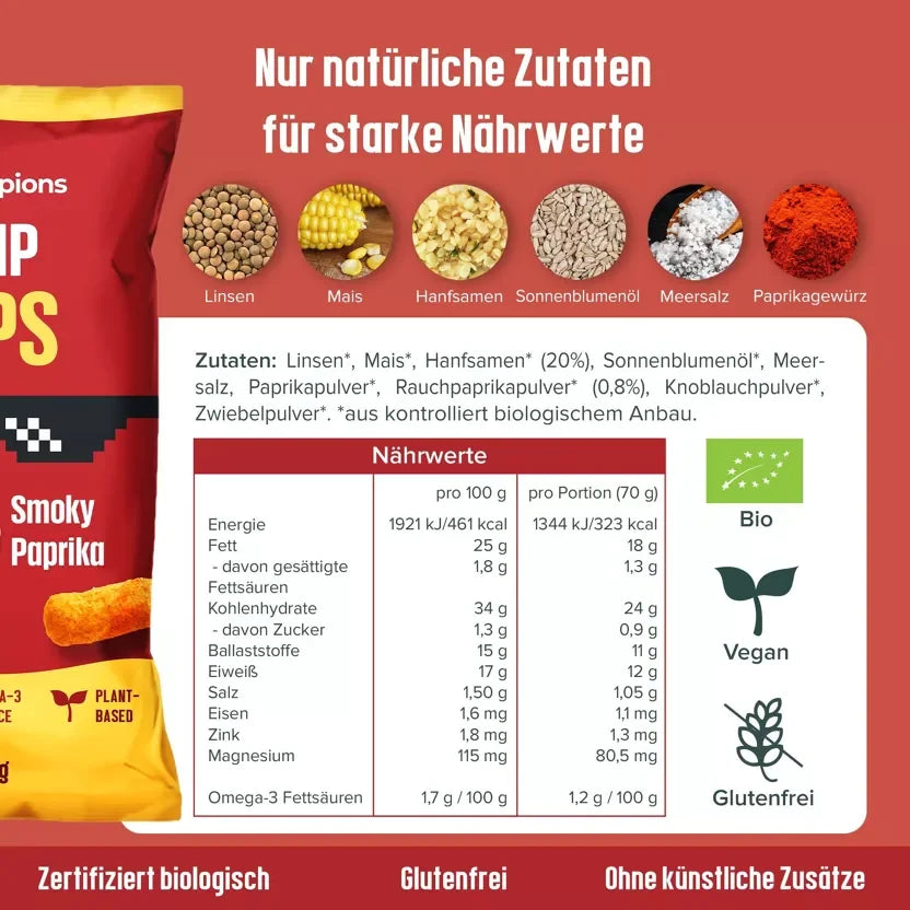 Packung Hempions Organic Hemp Flips Smoky Paprika, knuspriger Snack mit rotem Paprikapulver.