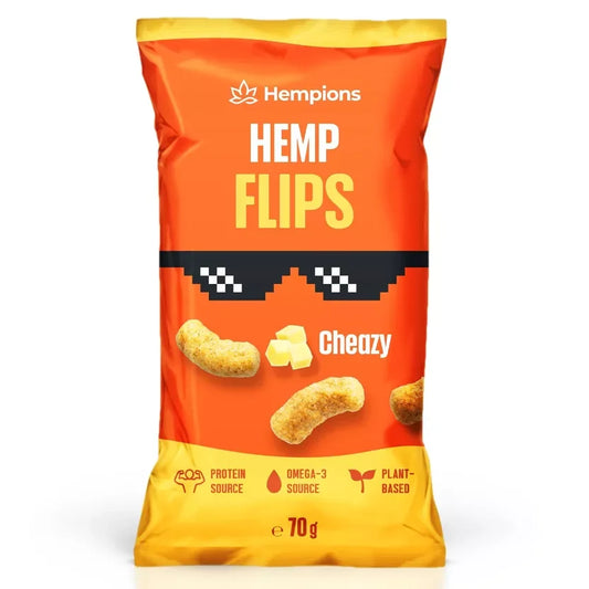 HEMPIONS Bio Hemp Flips Cheazy in einer bunten Packung, knuspriger Hanfsnack mit Kässegeschmack.