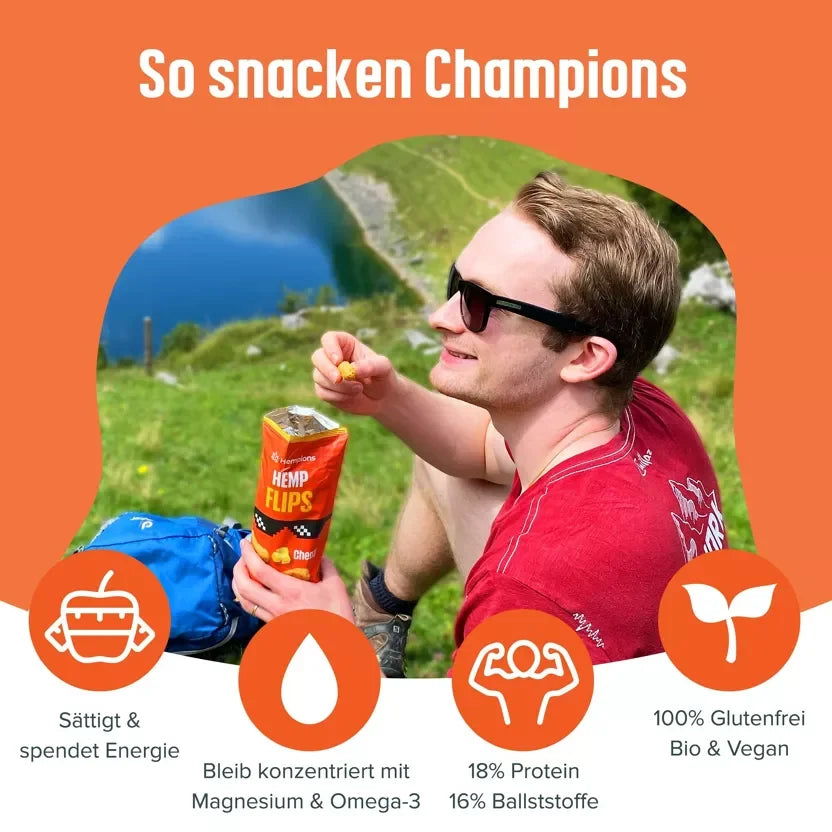 HEMPIONS Bio Hemp Flips Cheazy in einer bunten Packung, knuspriger Hanfsnack mit Kässegeschmack.
