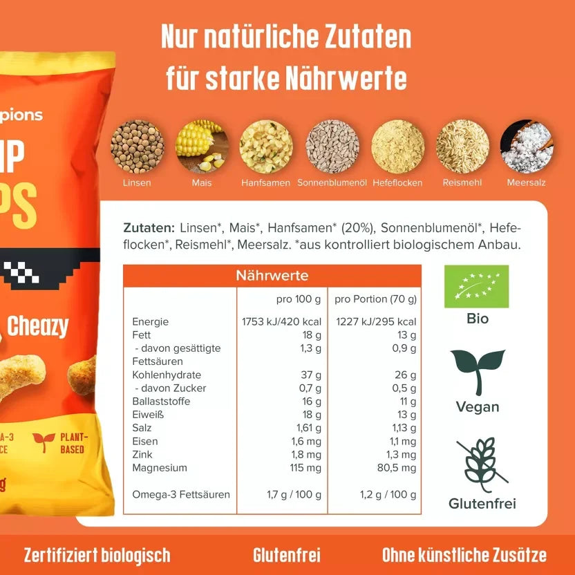 HEMPIONS Bio Hemp Flips Cheazy in einer bunten Packung, knuspriger Hanfsnack mit Kässegeschmack.