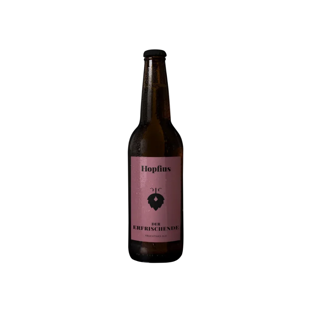 Pinke 0,33-Liter-Flasche des Hopfius Himbeer-Ales mit natürlicher Trübung auf weißem Hintergrund.