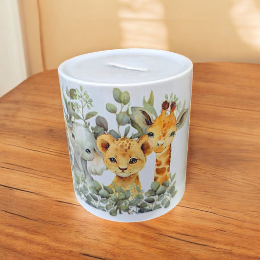 Handfolierte Keramik-Spardose von SabrinArtDesign, Tiermotive Nilpferd, Zebra, Elefant, Leopard & Giraffe, handgefertigtes Sparschwein, Geschenkidee für Kinder.