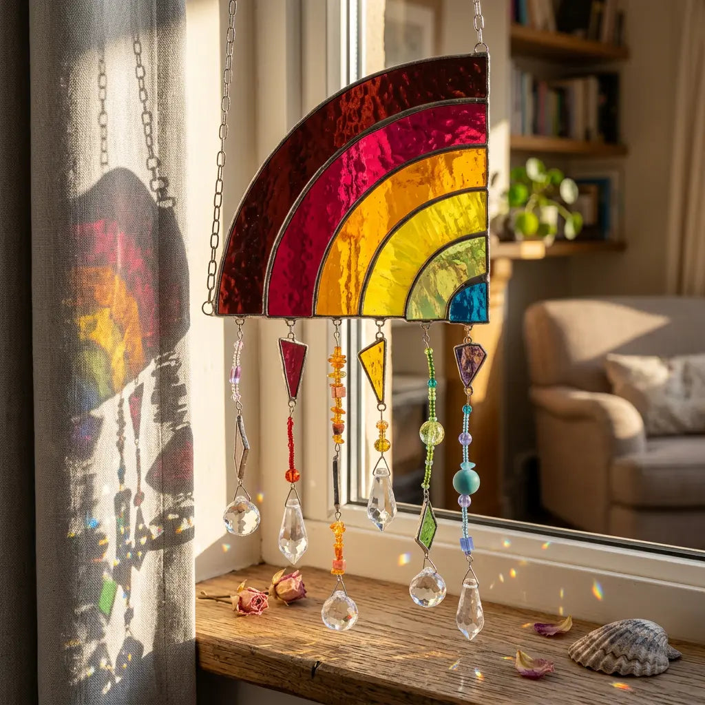 Handgefertigter Tiffany Glaskunst Regenbogen mit bunten, schimmernden Regentropfen zum Aufhängen.