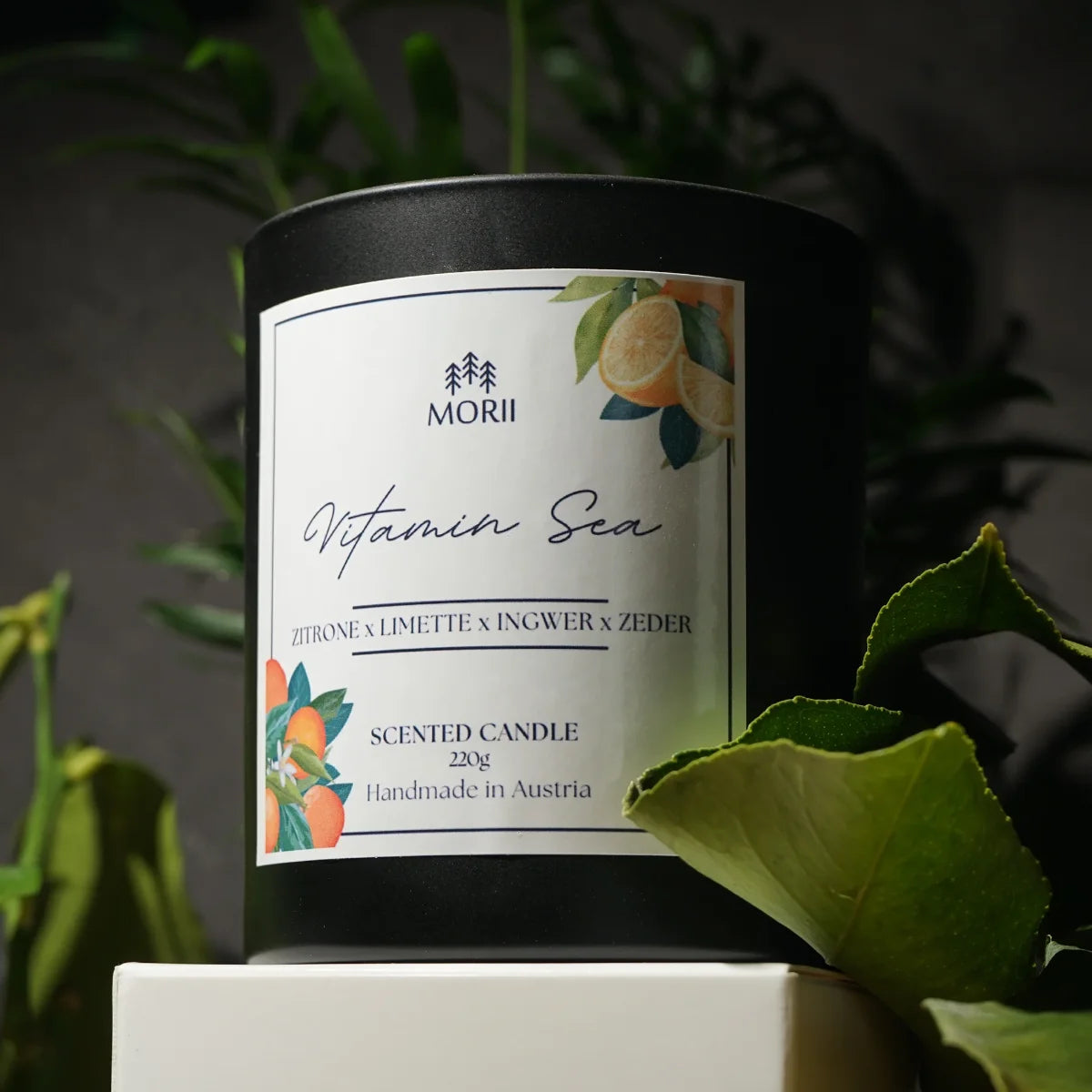 Duftkerze VITAMIN SEA von Morii in Glasbehälter mit gelbem Etikett, daneben Zitronen und Ingwer. — 220g Kerze