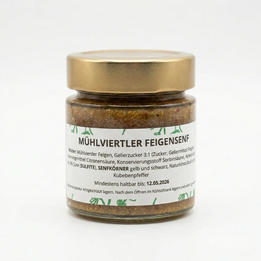 Ein Glas handgemachter Mühlviertler Feigensenf von Romanas Kräuterei auf einem rustikalen Holztisch.