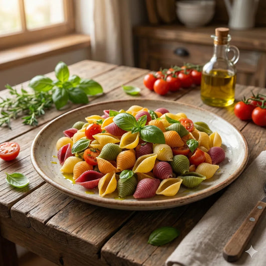 Bunte, handgemachte Naif Conchiglie Nudeln in Muschelform, liegend auf einer rustikalen Oberfläche
