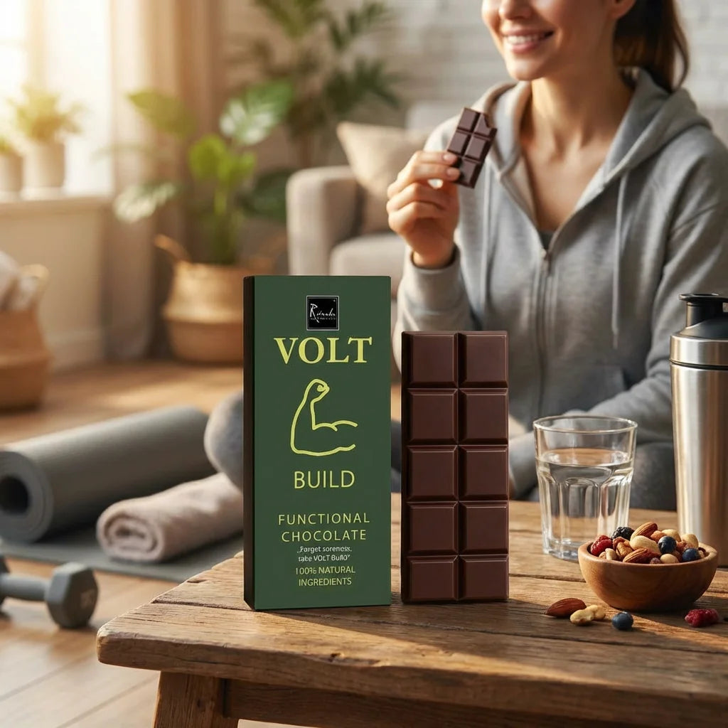 Ritonka VOLT Build Zartbitterschokolade Riegel mit stärkenden Inhaltsstoffen wie Kakaobohnen, Maca und Ginseng auf einer Holzoberfläche.