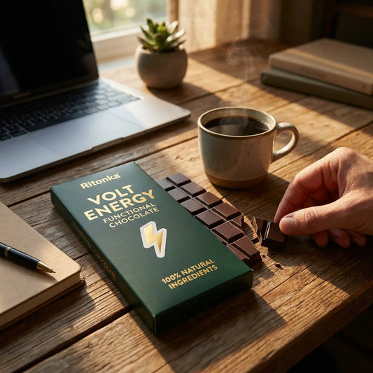 Dunkle, rechteckige Ritonka Zartbitterschokoladentafel mit feinen Chilifäden und einem Glanz von Kakaobutter.