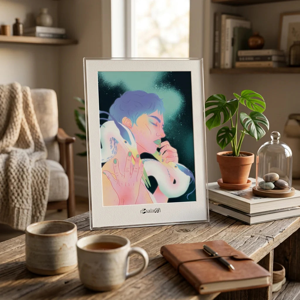 A4 Kunstdruck im Hochformat mit abstrakter Queer Kunst in lebhaften Farben und feiner Textur.