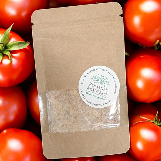 Tomatensalz mit Bergkernsalz von Romana’s Kräuterei, 40 g, ohne Rieselhilfe, nicht jodiert, mit getrockneten Tomaten, natürlich & handgemacht in Österreich.