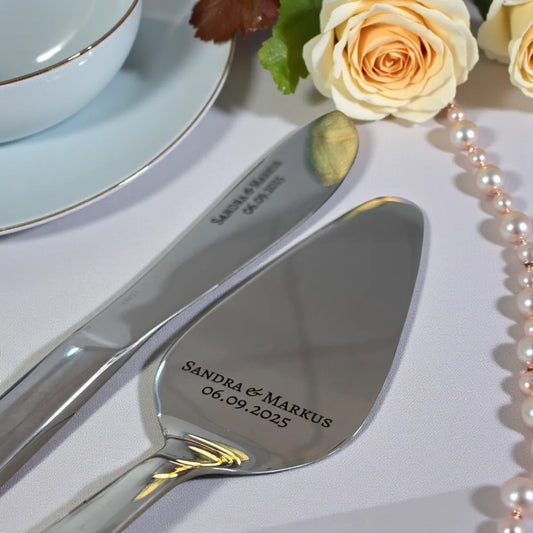 Tortenheber und Messer Set Gold oder Silber – Edelstahl Hochzeits-Set mit Gravur, personalisierbar, graviert in Wien, Geschenkidee Dreizack Wien