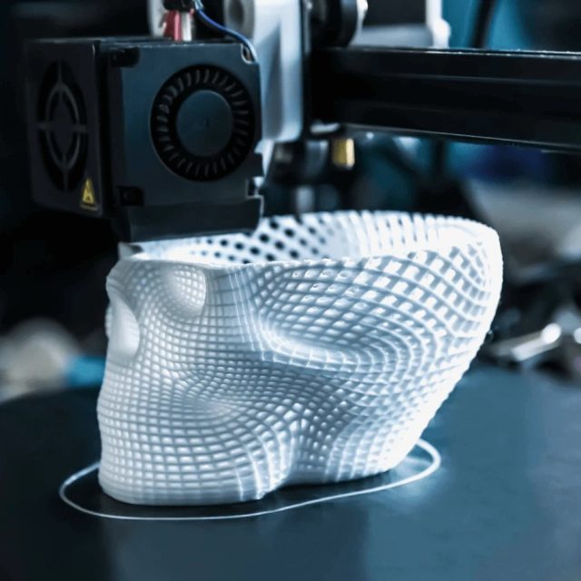 Ein 3D-Drucker druckt eine weiße Schale mit Gittermuster